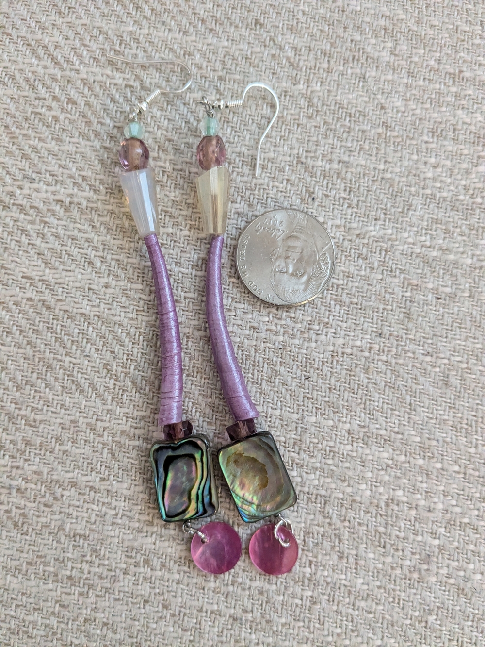 Native American Handcrafted Purple Iridescent Abalone & Dentalium Shell Earrings